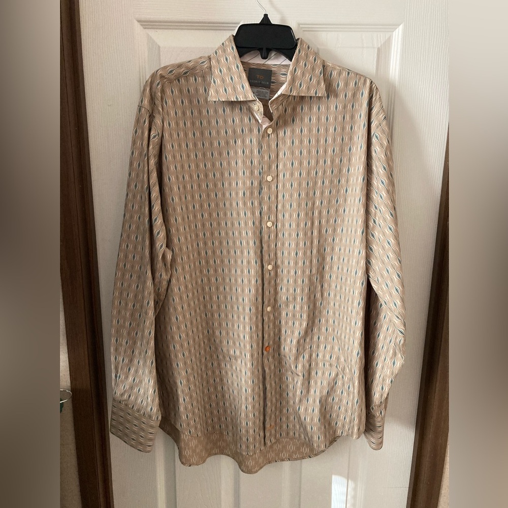 Thomas Dean Beige and Blue Patterned button up long sleeve Shirt Mens XL